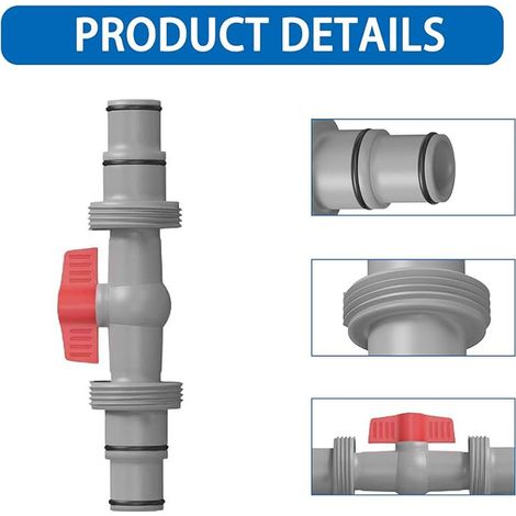 Vanne d'arrêt de la piscine de 32 mm à 38 mm, adaptateur PVC 2 voies pour piscine, Vanne Bush pour diamètre de tuyau 32/38 mm, Adaptable au-dessus de la piscine et pompe de piscine (1/4)