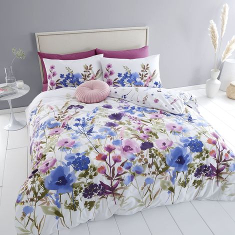 Parure de lit Simple réversible avec Housse de Couette et taie d'oreiller Motif Floral Blanc (1/5)