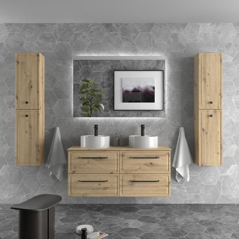 Mueble de Baño RUNA 140cm Roble 4 cajones Lavabo sobre encimera 2 pozas Porcelana (1/5)