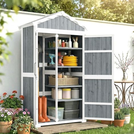 Caseta de Jardín de Madera 105x55x179 cm Armario para Herramientas con 4 Estantes Techo de Metal Galvanizado Gris (1/4)