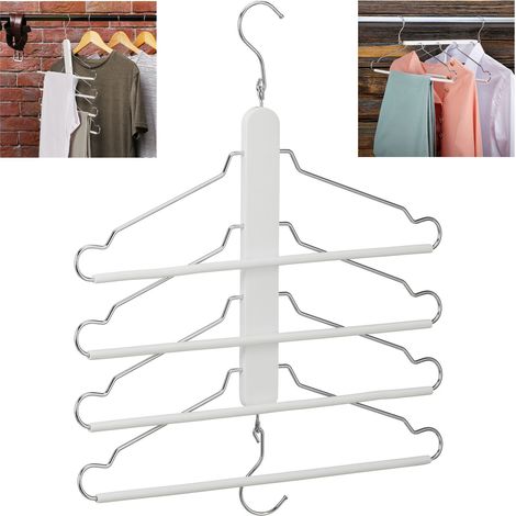Set 10 Perchas Ahorra Espacio con Varilla Colgar Pantalones, 4 Colgadores Camisas en 1, Trajes, Madera/Metal, Blanco