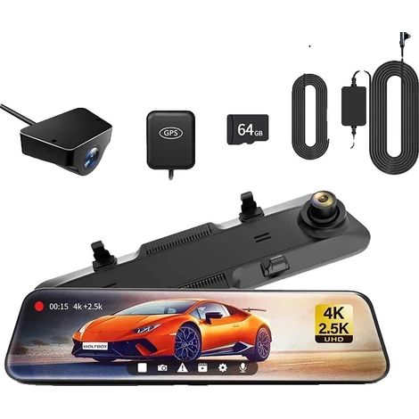 Dashcam, telecamera frontale 4K, telecamera posteriore WDR, con kit a 2 fili, 64 GB gratuiti (1/2)