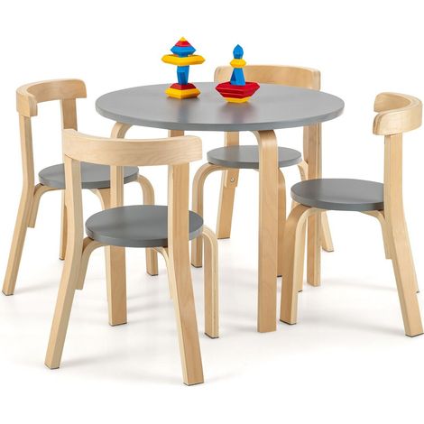 5-Piece Kids Table and Chair Set Children Wooden Activity Table 4 Curved Chairs (1/5)