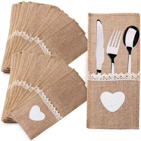 40pcs Porte-Couvert en Toile Jute et Dentelle Sac à Couteaux Table Pochette Poche à Couverts Accessoire de Vaisselle Fournitures Décoration de Table Vintage pour Soirée Repas Fête Mariage (1/4)