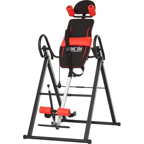Panca a Inversione con Angolo e Altezza Regolabile e Poggiatesta, in Acciaio e Plastica, 79x114x153 cm, Rosso e Nero