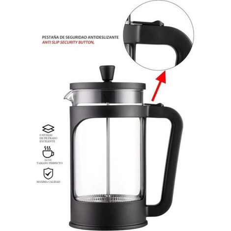 Cafetière/théière de presse française - - 1 L - Verre borosilicate - Filtre inox 304 amovible - Couvercle noir