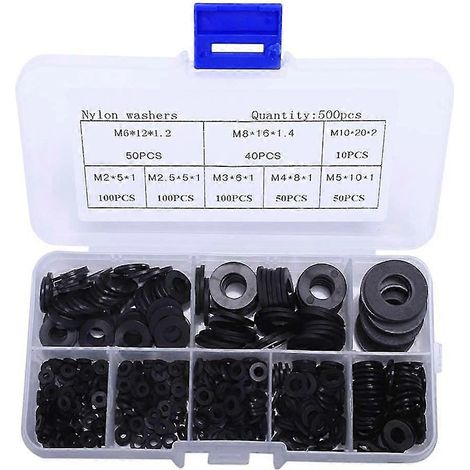 Lot de 500 joints en nylon noir, rondelles plates, joints d'isolation assortis M2, M2.5, M3, M4, M5, M6, M8, M10 (1/4)