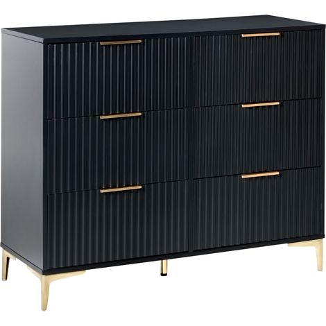 Cómoda moderna de MDF 6 cajones patas y tiradores de metal frentes acanalados negro Walcott