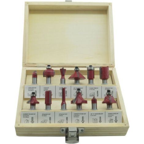 Fraise à Bois - Kit de 12 Fraises Tige 6 mm - Pour Rainurage Ébarbage et Décoration du Bois - Embouts Coniques Droits et en V - Coffret en Bois (1/2)