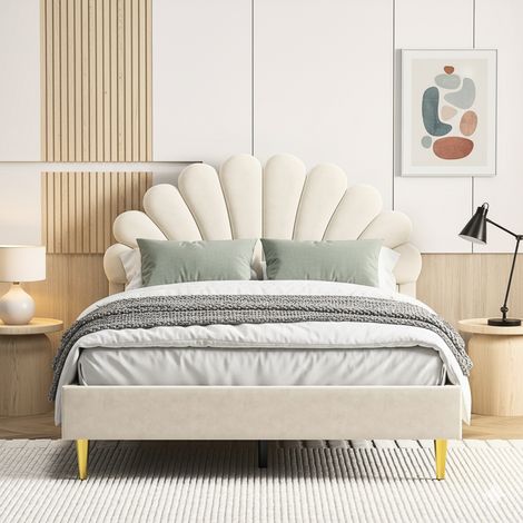 Letto 140x200 cm - Letto matrimoniale 140x200 - Testiera regolabile e rete a doghe - Stile scandinavo - Velluto beige (1/5)