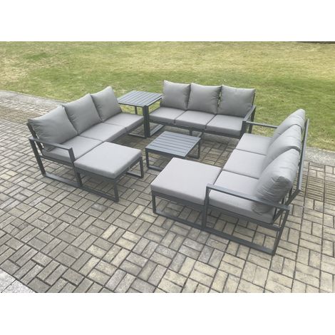 Fimous Aluminium Outdoor Garden Furniture Set Patio Lounge Sofa with Square Coffee Table Side Table 2 Big Footstools Conservatory Set Dark Grey (1/5)
