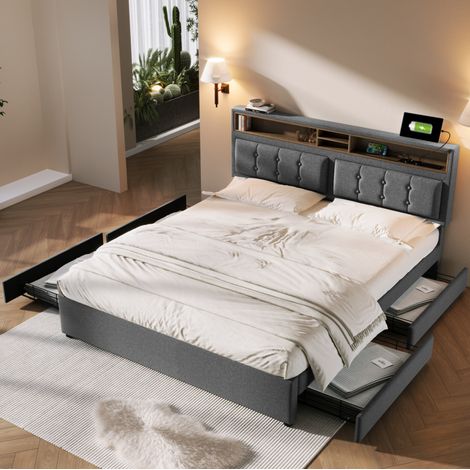 Letto per adulti, letto matrimoniale imbottito 140 x 200 cm con 4 cassetti e presa USB C. Grigio. Senza materasso (1/5)