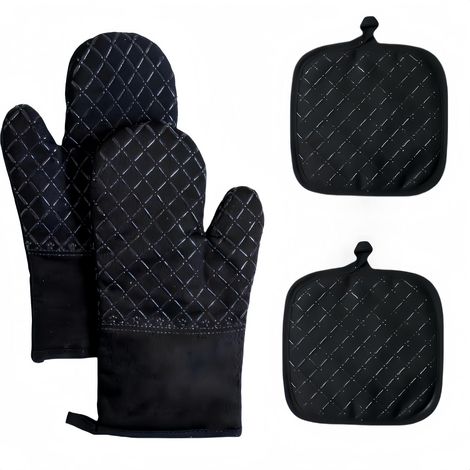 Ofenhandschuhe und Pfannenroste, 4-teiliges Set, hitzebeständig bis 260 °C, rutschfeste Silikonoberfläche zum Backen und Kochen (schwarz)
