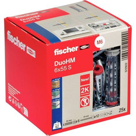 Fischer DuoHM Ø 12 mm con Vite a Croce M6x55 mm, 25 Tasselli per Cartongesso in Metallo e Nylon senza Necessità di Pinza, 572922