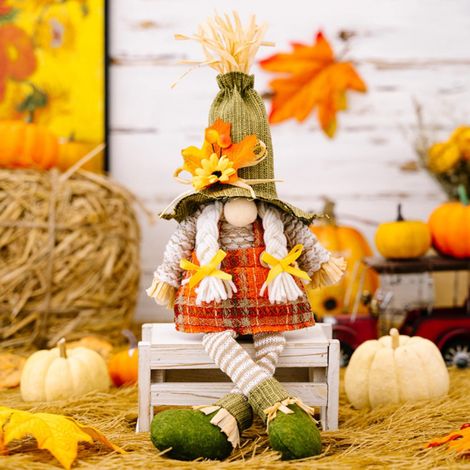 Gnome - Plush Figurine - Thanksgiving Fall Decor - Handmade Swedish Tomte Style - With Maple Leaves - 7 Inch - 2 Pack (1/5)