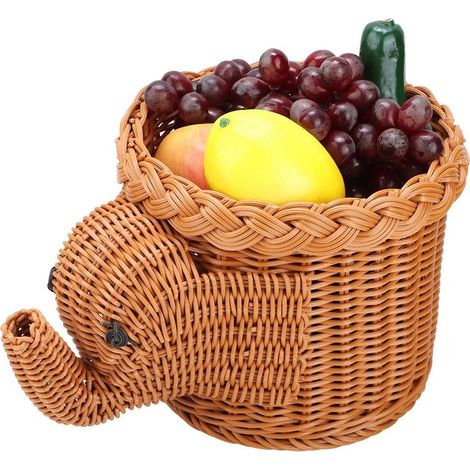 Mumusuki Paniers de Rangement en Rotin Faits à la Main, Paniers en Rotin en Forme D'éléphant de Dessin Animé pour L'organisation de Collations de Fruits à Pain(Bouche Marron od 20X Haut 16CM).