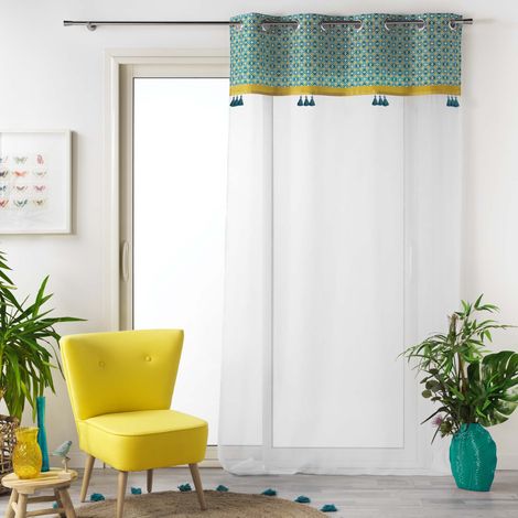 Homemaison – Voilage à œillets 140 x 240 cm – Voile sablé blanc – Impression graphique bleu et jaune – Lavable en machine (1/6)