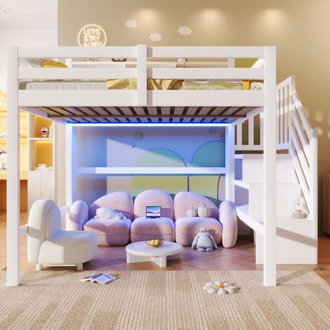 Lit mezzanine enfant 140 x 200 cm avec éclairage LED - échelle de rangement - compartiment de rangement ouvert - Pin - blanc (1/5)