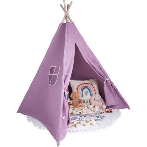 Tente tipi violet blush pour enfants,Tipi de jeu violet pour filles et garçons 140 x 120 cm toile de coton avec étoiles lumineuses et accessoires de tapis
