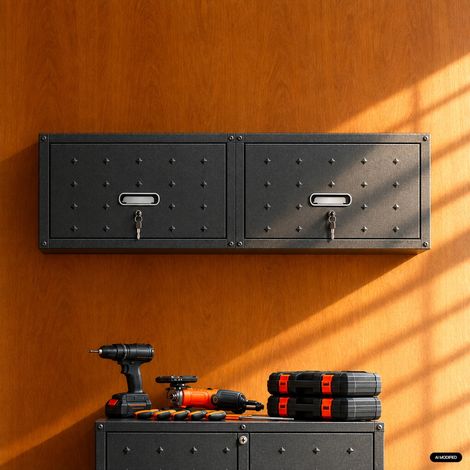 Sweeek – Lot de 2 meubles hauts de rangement garage – Acier laminé à froid – Trappe avec verrouillage clé – Dimensions 75x30x34.5cm
