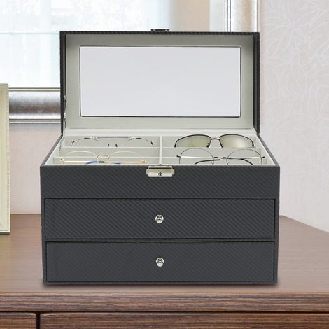 Boîte de rangement à 3 niveaux et 18 compartiments pour lunettes de soleil et lunettes de vue, avec étui de rangement et présentoir (1/5)