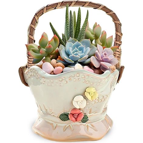 Pot de fleurs en céramique Ø 11 cm avec poignée en rotin amovible, pot décoratif avec trou de drainage, pour succulentes et cactus, blanc cassé (1/5)