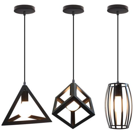 royaluxe- (3 Pièces) Suspension Géométrique Rétro Plafonnier Créative Suspension Luminaire En Métal Cage Pour Chambre Club Bar Noir (1/5)