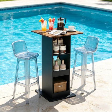Table bar carrée 60x60x109 cm noir et marron rustique en panneau de particules avec rangement 3 compartiments (1/5)