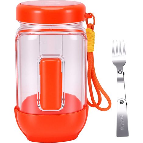 Saladier à ouverture latérale avec fourchette, récipient étanche, idéal pour la maison, les voyages et le travail, couleur orange. (1/5)