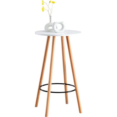 Table haute de bar avec plateau rond repose-pieds circulaire métallique plateau en bois blanc 100005525