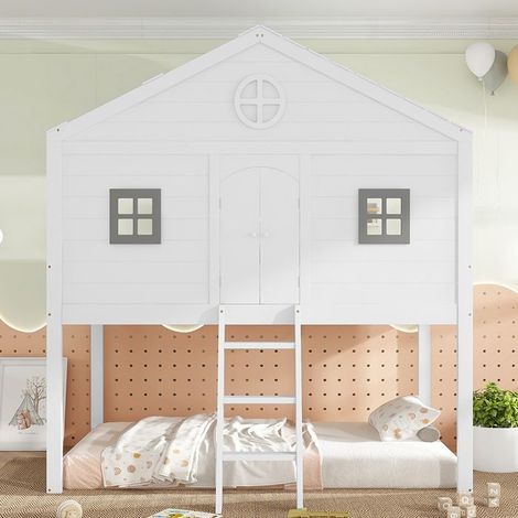 Lit cabane enfant 90x200 cm avec escalier, barrières anti-chute et 2 fenêtres grises, sommier à lattes