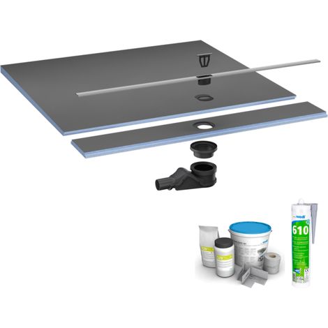 Pack receveur de douche pré-penté 104 x 120 x 2,6 cm WEDI Fundo Flex bois +bonde horizontal+écoulement+support+colle+kit étanche