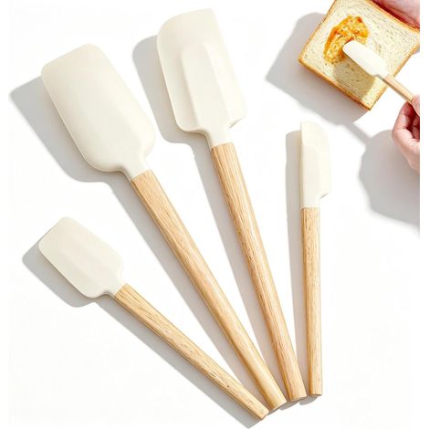 Set di 4 spatole da cucina con manici in legno di faggio - 4 misure - Spatole in morbido silicone per vetro, mixer, pasticceria, marmellata