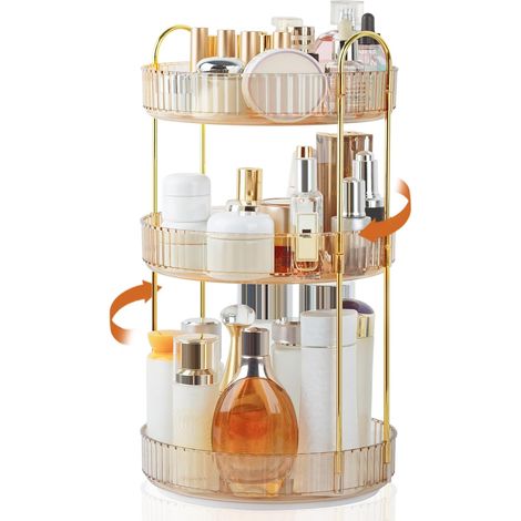 1 - Organiseur de Maquillage - Rangement Cosmétique - Rotation 360 Degrés - 3 Niveaux Réglables pour Salle de Bain et Coiffeuse - Ambre - 25x25x35cm