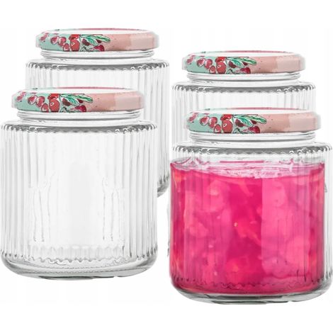 Juego de 4 tarros de cristal ranurados de 350 ml con tapa y etiqueta.