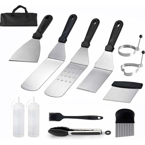 12 Pcs Ensemble D'accessoires pour Plaque Chauffante Professionnelle BBQ, en Acier Inoxydable Spatule Plancha - Idéal pour Les grillades Teppanyaki - Kit Cadeau Grill (1/5)