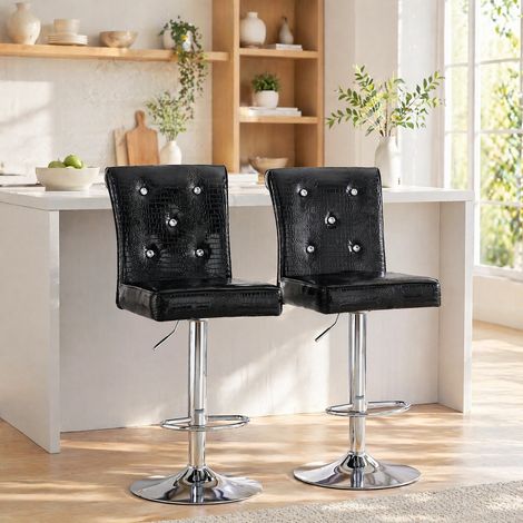 Lot de 2 chaises de bar vintage noires en PVC, dossier capitonné cristal, réglables (1/5)