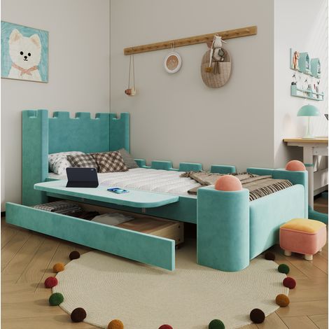 Letto singolo per bambini 90x200 cm con contenitore e ripiano a scomparsa, rete a doghe, tessuto in velluto blu-verde (1/5)