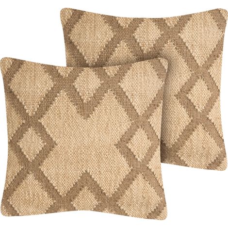 Conjunto de 2 cojines patrón geométrico tapizado de yute y lana 45 x 45 cm beige y marrón claro Gopi (1/5)