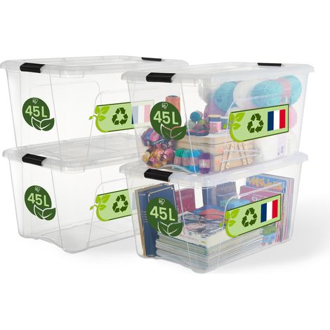 Iris Ohyama, Boite de Rangement Maison Plastique, 45L, Lot de 4, Transparent, BSB-45