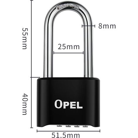 Cadenas Code 4 Chiffres, 52mm Cadenas Extérieur Etanche, Robuste et Antivol, 8mm Loquet Cadenas à CombinaisonNoir, faisceau long-50mm (1/4)