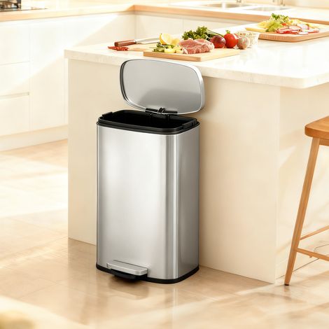 Poubelle 50L avec Pédale, Couvercle à Fermeture Douce, Seau Intérieur Amovible, pour Cuisine, Acier, argent (1/5)