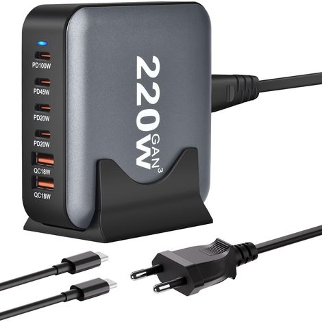 220W Chargeur USB C Multiple, 6 Ports GaN III Chargeur Rapide 200W +, Station de Charge USB C de Bureau, PD+QC Compatible avec 15 Ordinateur Portable avec Câble USBC 100W 1,5m (1/5)