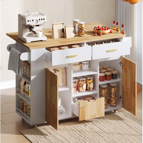 Isla de cocina móvil con encimera abatible de 120 cm, 3 cajones, estantes para especias y ruedas con freno – CHICFURN, mueble auxiliar para preparar y servir (1/5)