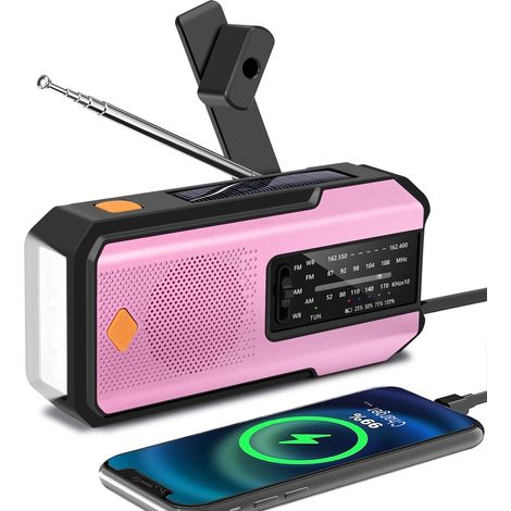 Radio d'urgence avec manivelle et 3 lampes torches LED, idéale pour le camping en intérieur et en extérieur, rose. (1/5)