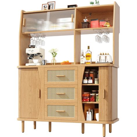 Buffet de Cuisine avec 3 Tiroirs, Portes Coulissantes en Verre et Niches Ouvertes, MDF, Bois, 140 x 40.5 x 174.5 cm (1/5)
