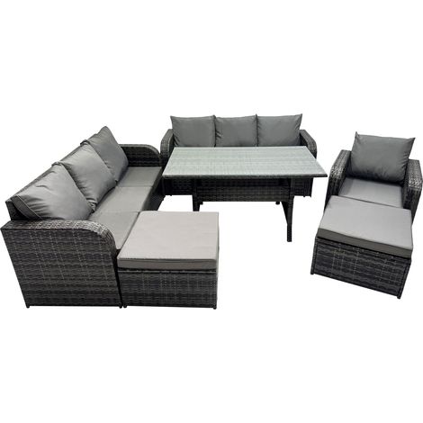 Fimous 9 Seat Outdoor Wicker PE Rattan Garden Furniture Set Dining Table Sofa Set with 2 Big Stool Dark Grey Mixed (1/5)