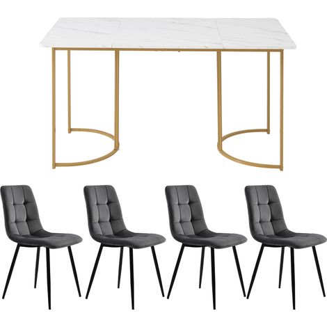 Ensemble de salle à manger 5 pièces, table à manger avec 4 chaises, ensemble de table de cuisine moderne, table de cuisine 140×80 cm avec pieds en métal doré, plateau MDF blanc, chaises de salle à man