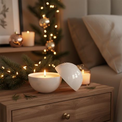 Pallina natalizia innevata in vetro bianco apribile con candela integrata, diametro da 10 cm (1/4)