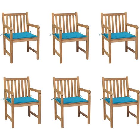vidaXL Sillas de jardín 6 uds madera maciza de teca cojines azul (1/4)